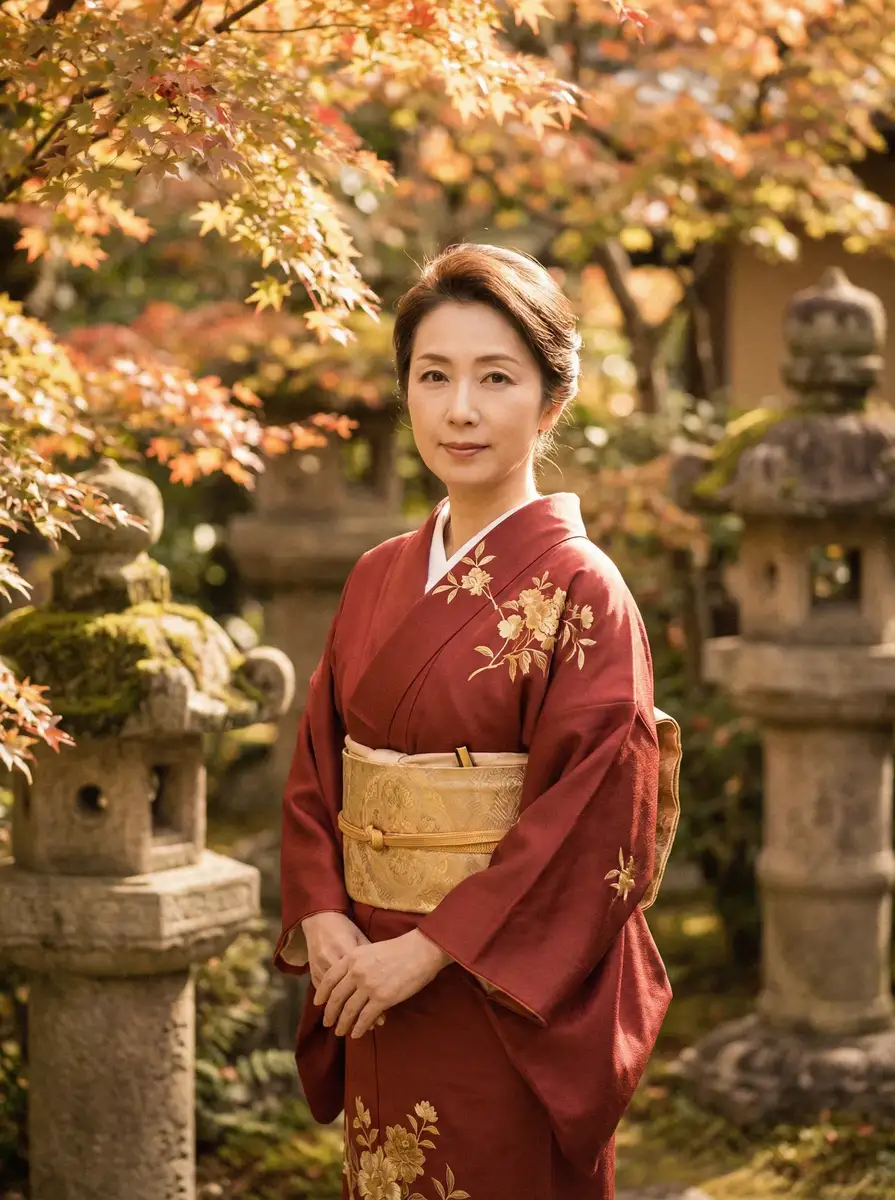 一位身穿暗红色和服的优雅 后妈裙 在日式庭院中