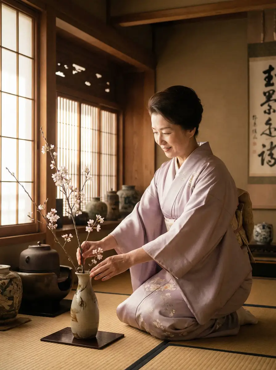 一位优雅的 后妈裙 在和室中插花